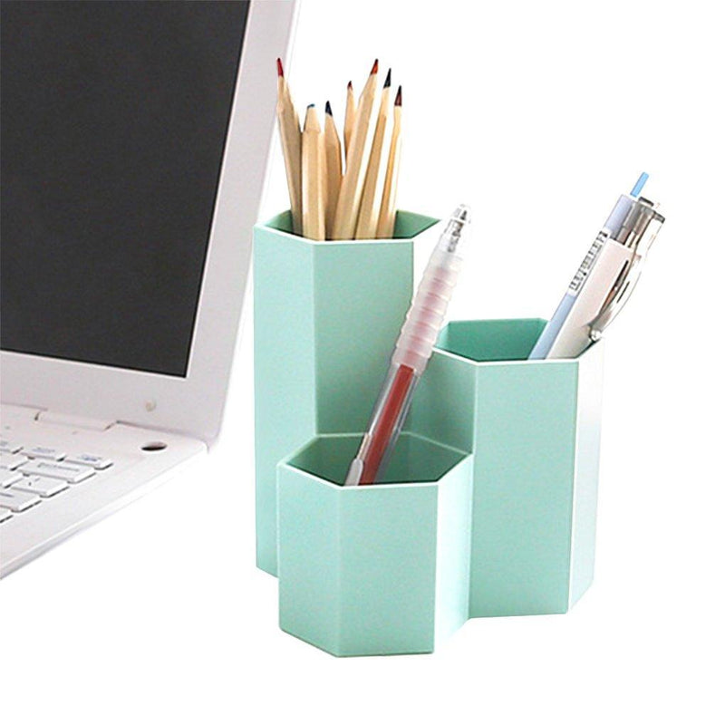 Hexagon Desk Pencil Holder Stand 3 Slot Pen Display Cup Case Makeup Brushes Pot Box Stationery Organizer Container Storage Caddy Office Supplies Workspace Accessories Sorter for Home School Classroom hexagon - LeoForward Australia