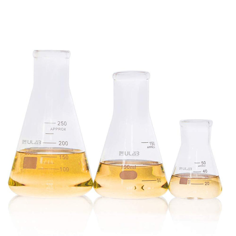 ULAB Scientific Narrow-Mouth Glass Erlenmeyer Flask Set, 3 Sizes 50ml 150ml 250ml, 3.3 Boro with Printed Graduation, UEF1001 3 Sizes: 50ml 150ml 250ml - LeoForward Australia