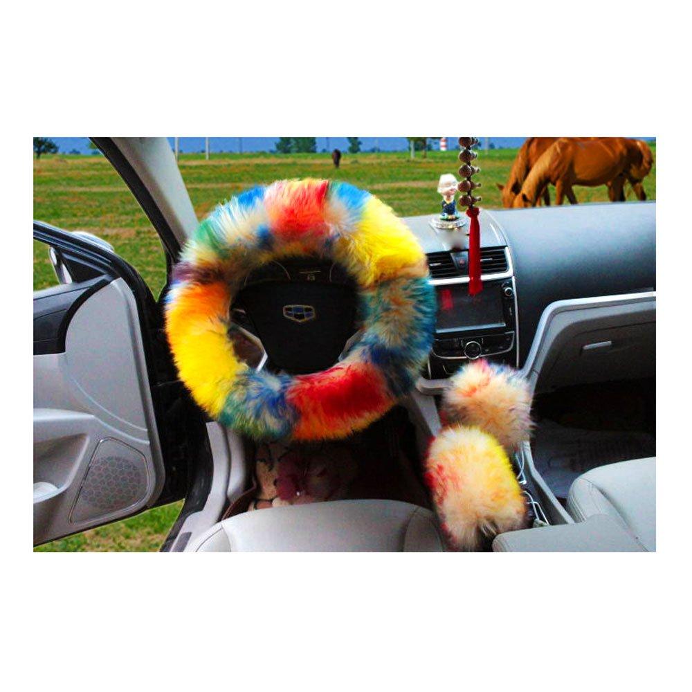  [AUSTRALIA] - Multicolor Fuzzy Steering Wheel Cover Car Accessories Universal Fit Car Steering Wheel Gear Shift Cover Handbrake Cover (Colorful) Colorful