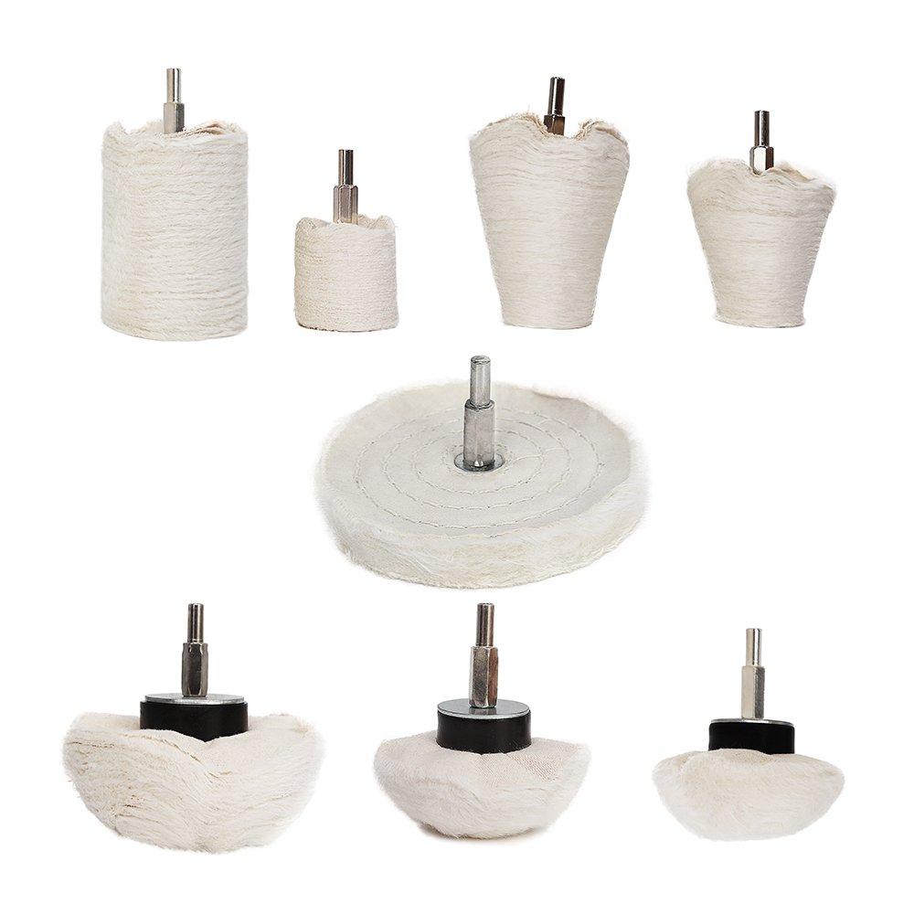  [AUSTRALIA] - Buffing Polishing Wheel For Drill - 8Pcs White Flannelette Polishing Mop Wheel Cone/Column/Mushroom/T-shaped Wheel Grinding Head With 1/4 Handle For Manifold / aluminum / stainless steel / chrome etc.