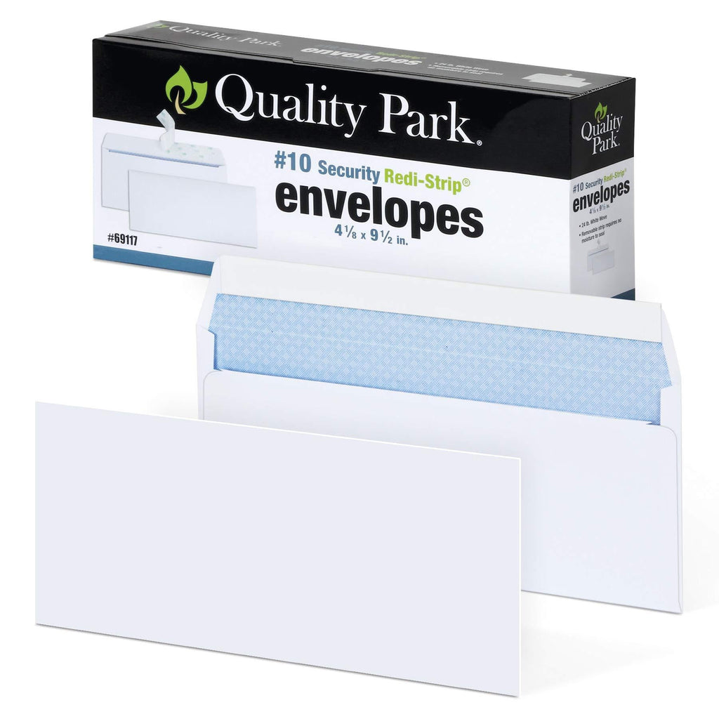 Quality Park #10 Self-Seal Security Envelopes, Security Tint and Pattern, Redi-Strip Closure, 24-lb White Wove, 4-1/8" x 9-1/2", 100/Box (QUA69117) - LeoForward Australia