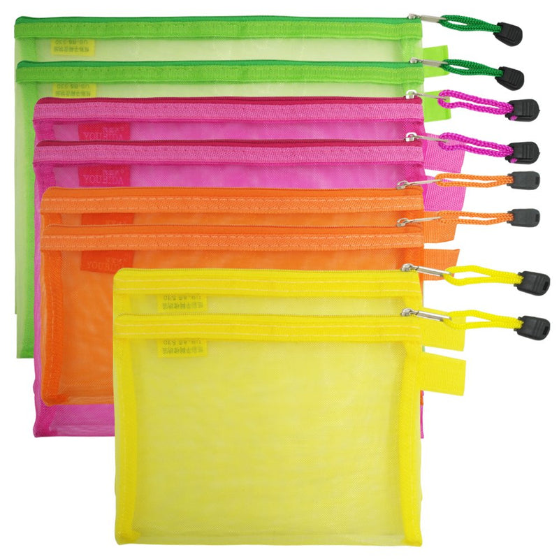  [AUSTRALIA] - 8 Pcs Zipper Mesh File Bags Folder Document Pockets with Bill B5 A5 A6 Size, AFUNTA 4 Color 4 Size Nylon Pencil Case Cosmetic Storage Office Pouch Holder- Orange, Yellow, Green, Rose Red