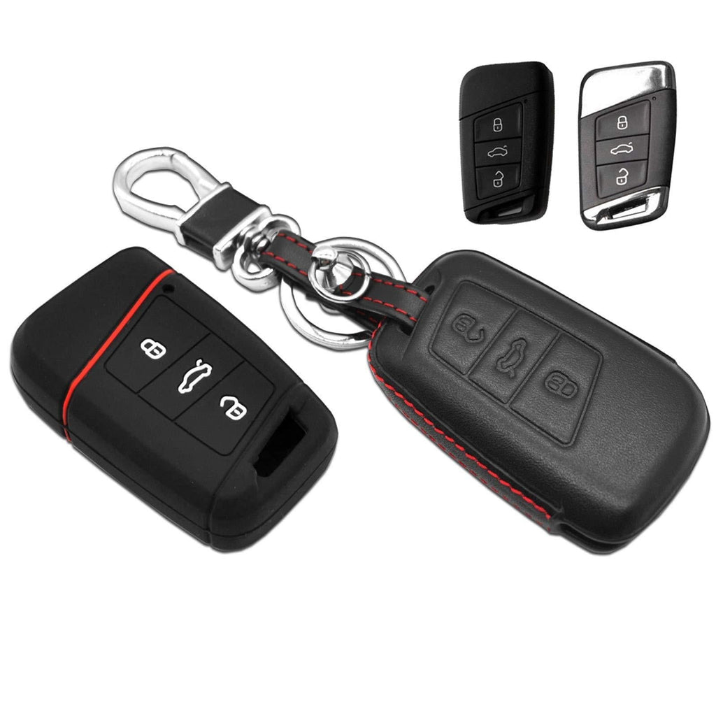 MECHCOS Compatible with fit for Volkswagen 2017 VW Passat B8 CC Tiguan 2016 2017 Skoda 3 Buttons Leather Keyless Entry Remote Control Smart Key Fob Cover Pouch Bag Jacket Case Protector Shell - LeoForward Australia
