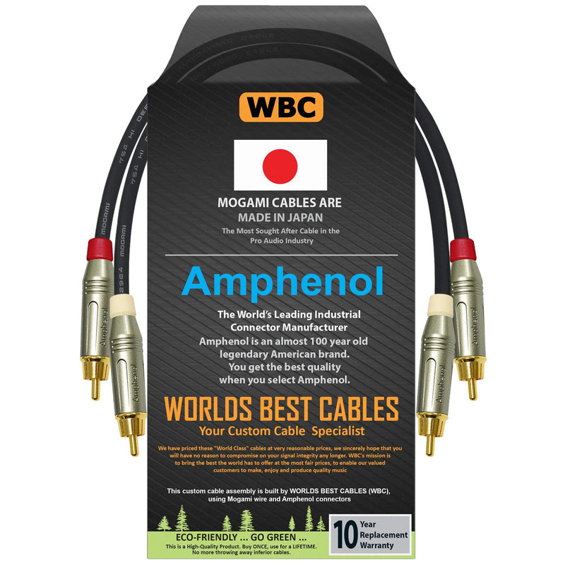 WORLDS BEST CABLES - 1 Foot - High-Definition Audio Interconnect Cable Pair Custom Made Using Mogami 2964 Wire and Amphenol ACPR Die-Cast, Gold Plated RCA Connectors - LeoForward Australia