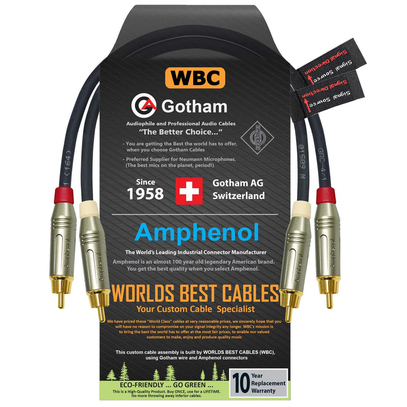 0.5 Foot RCA Cable Pair - Gotham GAC-4/1 (Black) Star-Quad Audio Interconnect Cable with Amphenol ACPR Die-Cast, Gold Plated RCA Connectors - Directional - LeoForward Australia