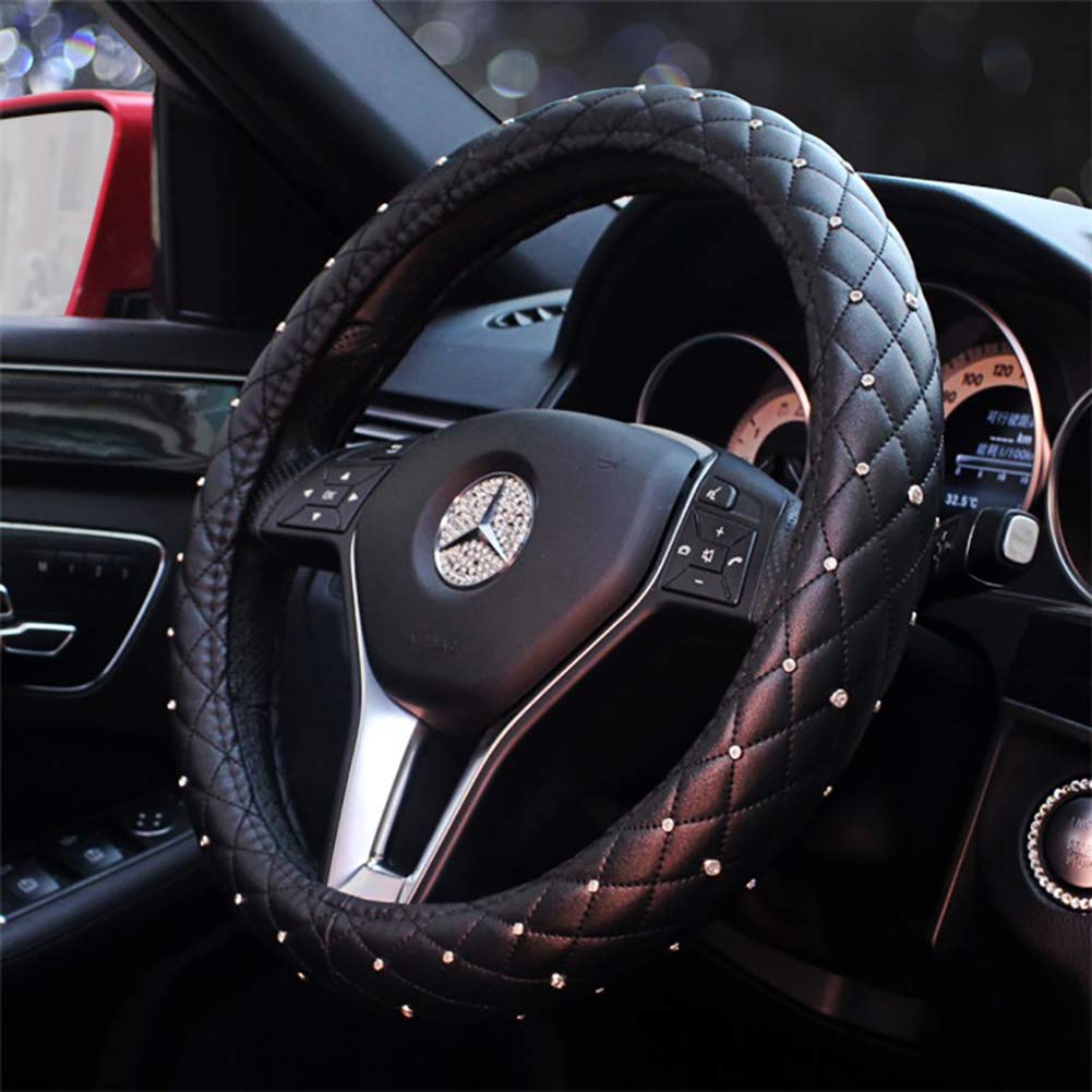 [AUSTRALIA] - eing Steering Wheel Cover Leather Crystal Bling Anti-Slip Auto Car Steering Wheel Case Universal for 15 inch,Black A-Black