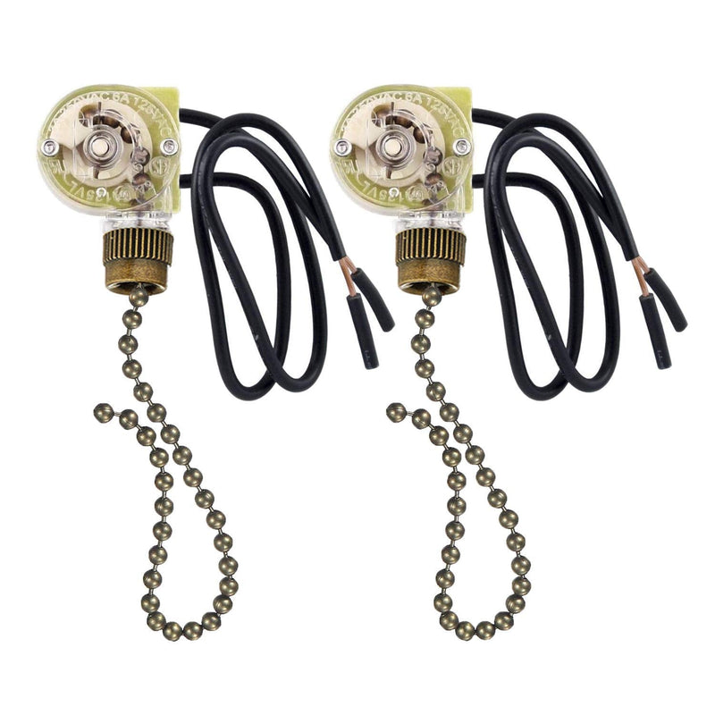  [AUSTRALIA] - 2 Pack Fan-Light Switch & Pull Chain,ZE-109 Fan Light Switch, Electrical Pull Chain Switch,ON-Off, 6 A/125V AC, 6 inch Wire Terminal Wall Lamps Switch, Cabinet Light Switch (Antique Brass Pull Chain)