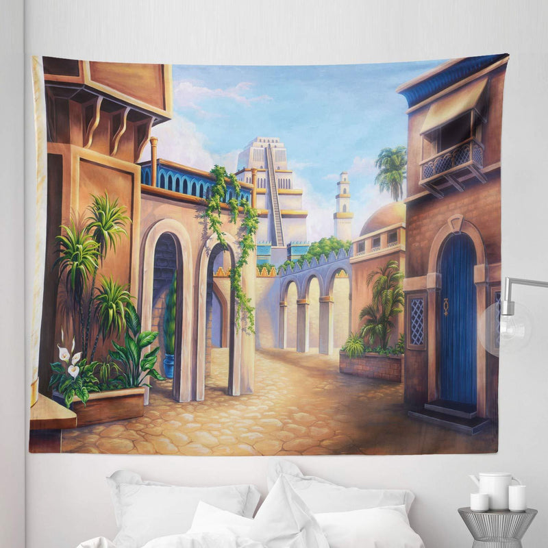  [AUSTRALIA] - Lunarable City Tapestry King Size, Babylon City Gardens Architecture 7 Wonders of The World, Wall Hanging Bedspread Bed Cover Wall Decor, 104" X 88", Caramel Green 104" X 88"