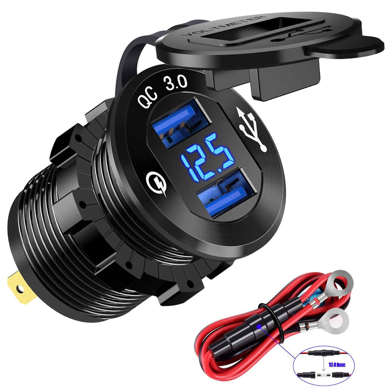 YONHAN Quick Charge 3.0 Dual USB Charger Socket, Waterproof Power Outlet Fast Charge with LED Voltmeter & Wire Fuse DIY Kit for 12V/24V Car Boat Marine ATV Bus Truck and More Blue - LeoForward Australia