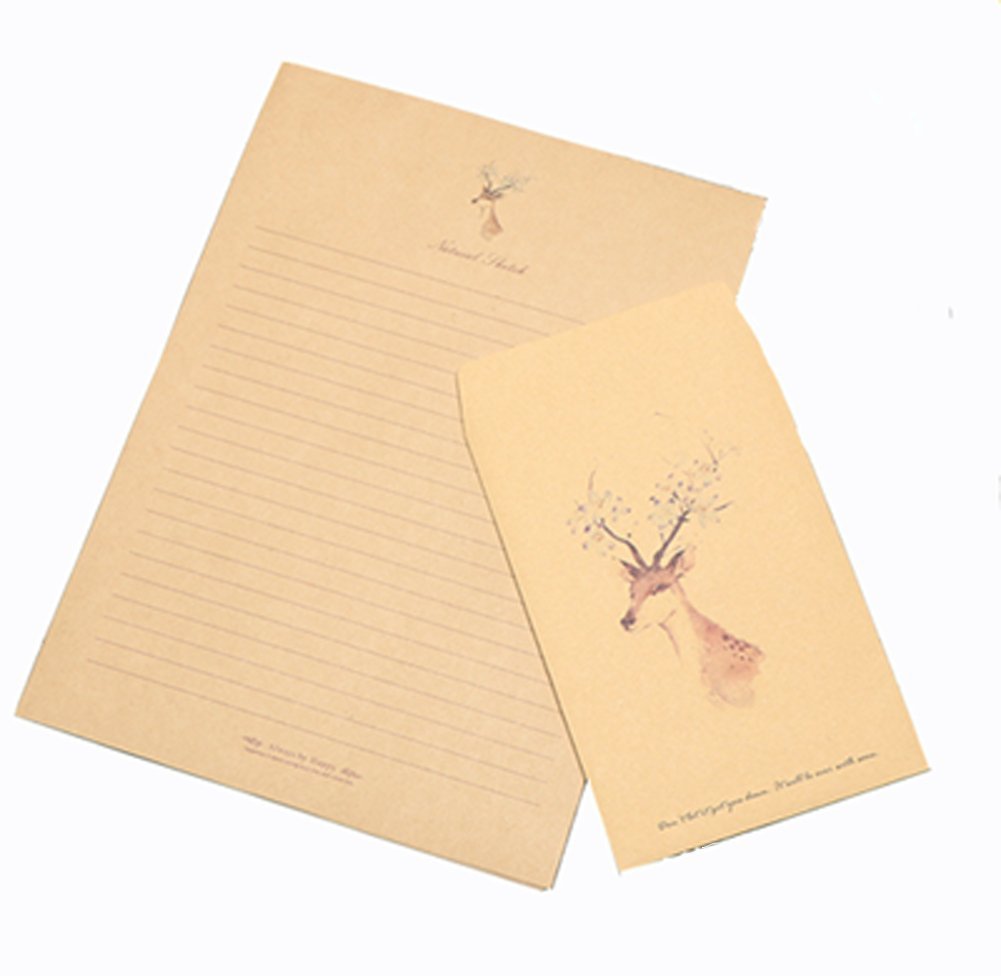  [AUSTRALIA] - 30 Pcs Vintage Letter Writing Kraft Paper Sets (20 Writing Stationery Paper and 10 Envelopes) with Flower Deer Pattern for Gift Cards, Thanks Letter, Love Letter and More