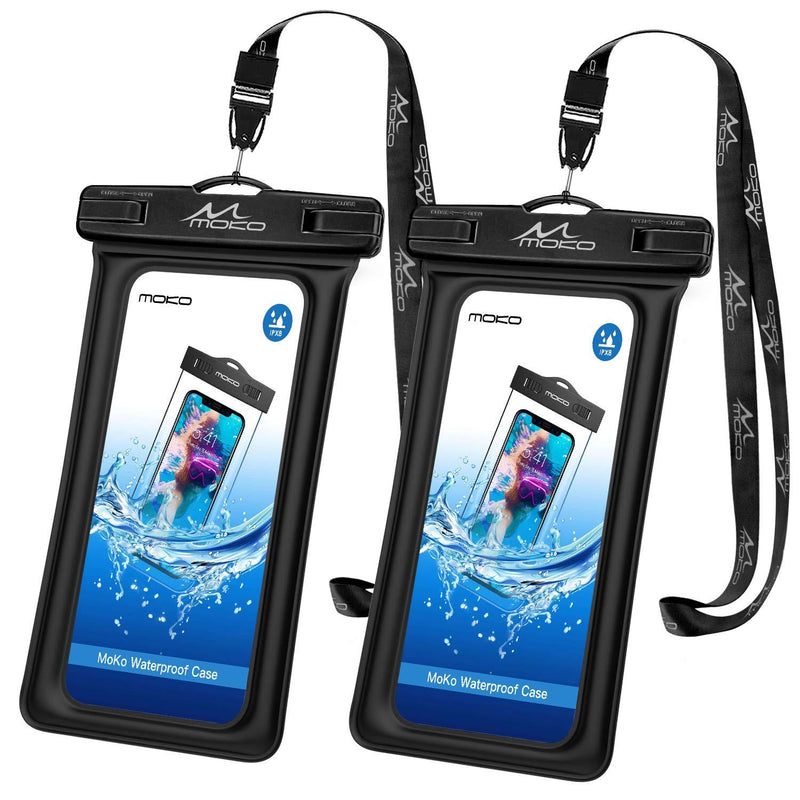  [AUSTRALIA] - MoKo Floating Waterproof Phone Pouch Holder [2 Pack], Floatable Phone Case Dry Bag with Lanyard Compatible with iPhone 13/13 Pro Max/iPhone 12/12 Pro Max/11 Pro/X/Xr/Xs Max/8, Samsung S21/S10/S9/S8 Black & Black