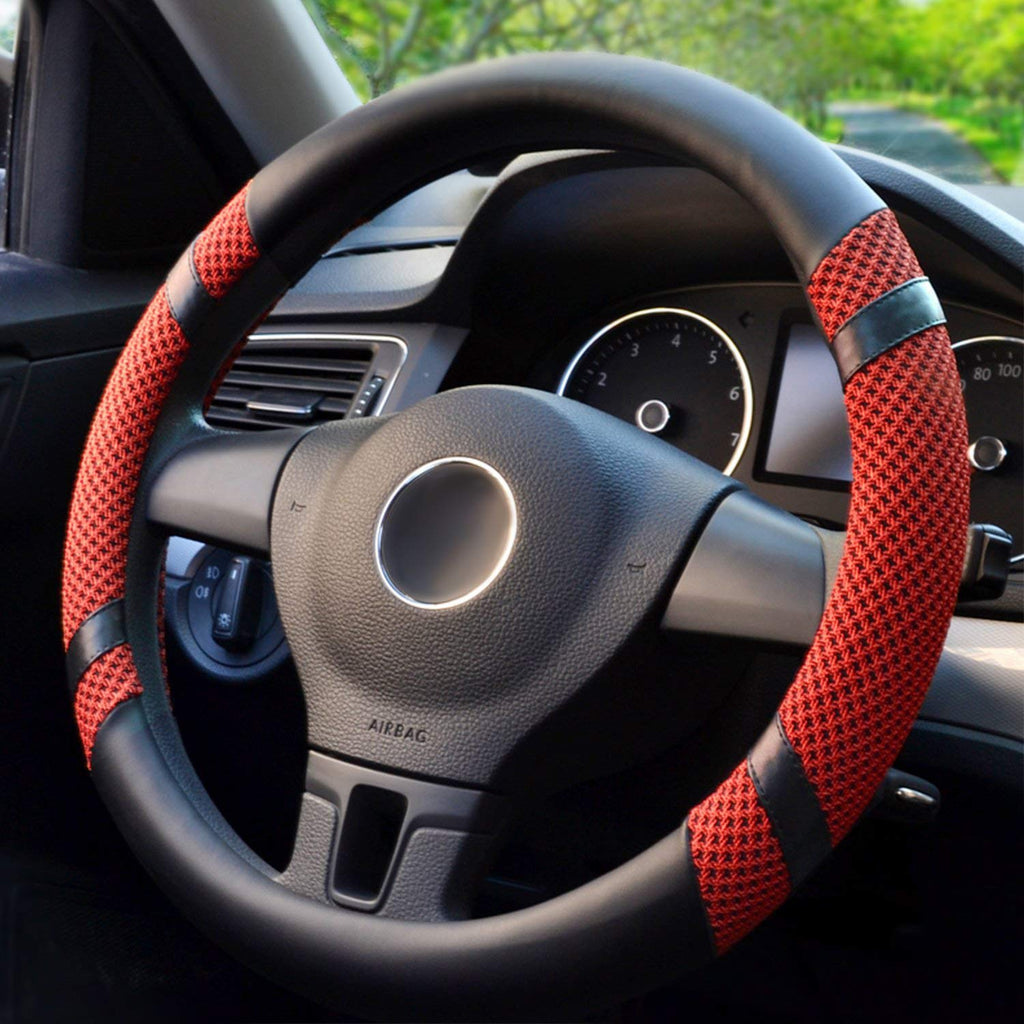 BOKIN Steering Wheel Cover Microfiber Leather Viscose, Breathable, Anti-Slip, Odorless, Warm in Winter Cool in Summer, Universal 15 Inches (Red) Red - LeoForward Australia