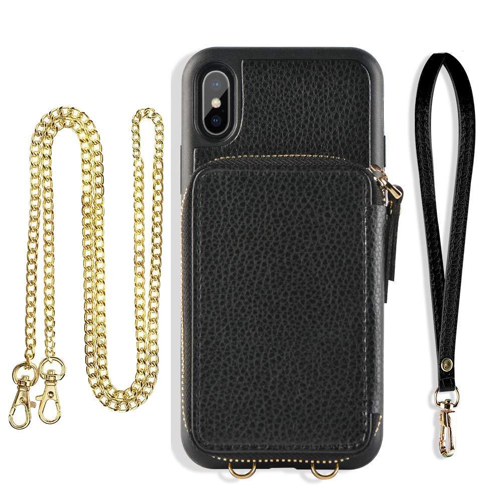  [AUSTRALIA] - ZVE Case for Apple iPhone Xs and X, 5.8 inch, Wallet Case with Crossbody Chain Strap Credit Card Holder Slot Zipper Shoulder Handbag Purse Wrist Strap Case Cover for Apple iPhone X and XS - Black