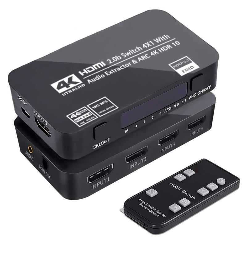  [AUSTRALIA] - HDMI Switch 4x1 with Audio Extractor, 4K@60Hz Ultra HD HDMI Switcher with Optical TOSLINK SPDIF, 3.5mm Audio Support ARC Function, 3D, 1080P @120Hz, 4Kx2k @60Hz HDTV (IR Wireless Remote Control) Black