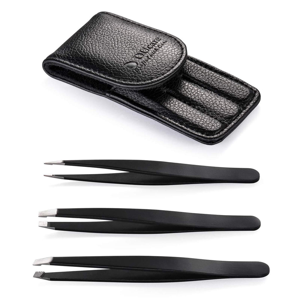 Tweezers Set, DUcare 3 Pieces Stainless Steel Tweezers for Eyebrow, Facial and Body Hair with Compact Travel Case Gift Black - LeoForward Australia