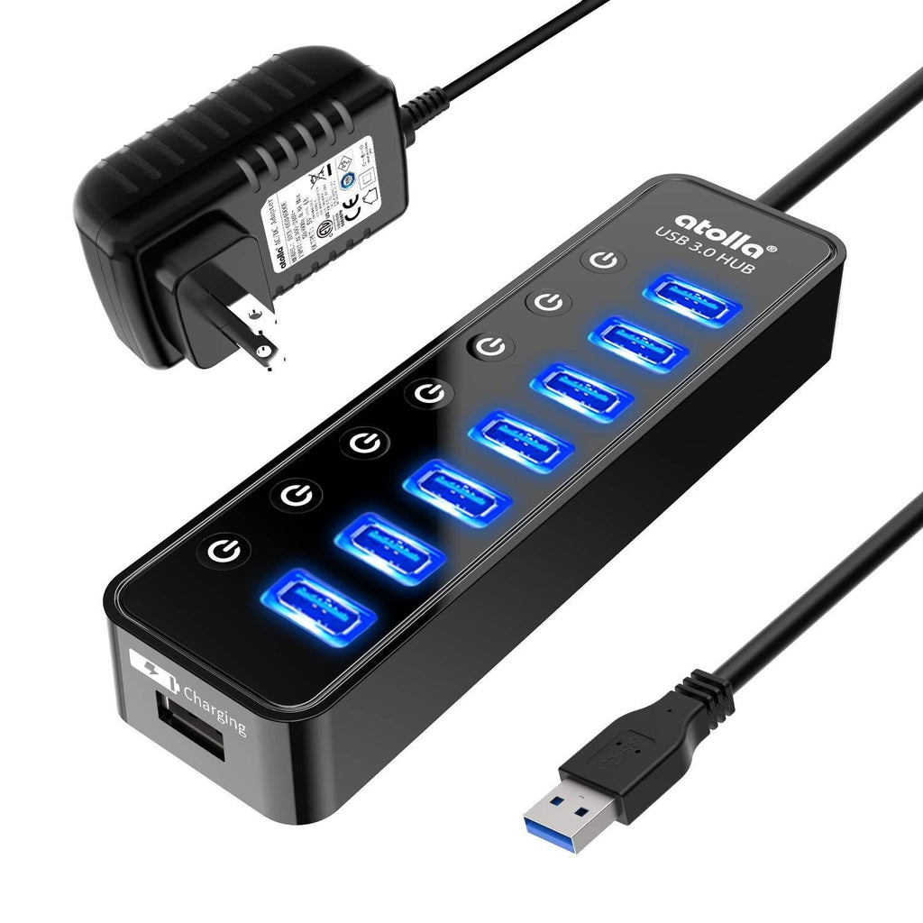  [AUSTRALIA] - Powered USB Hub 3.0, Atolla 7-Port USB Data Hub Splitter with One Smart Charging Port and Individual On/Off Switches and 5V/4A Power Adapter USB Extension for MacBook, Mac Pro/Mini and More.