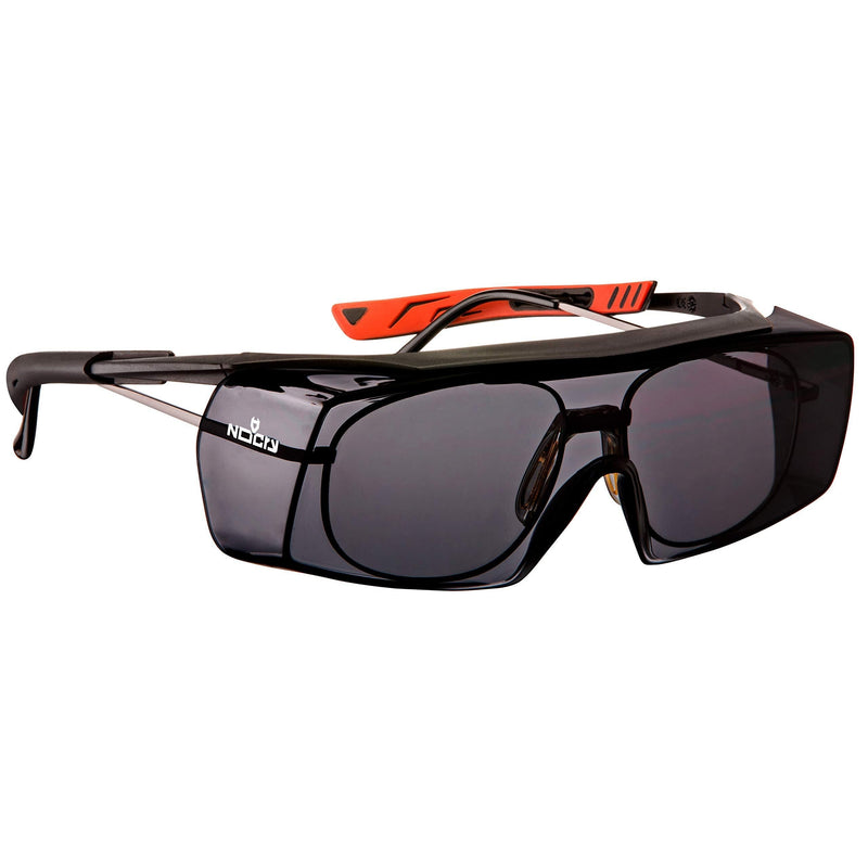 NoCry Tinted Over-Spec Safety Glasses - with Anti-Scratch Wraparound Lenses, Adjustable Arms, and UV400 Protection. ANSI Z87.1 & OSHA Certified, Black & Red Frames Tinted Black & Red - LeoForward Australia