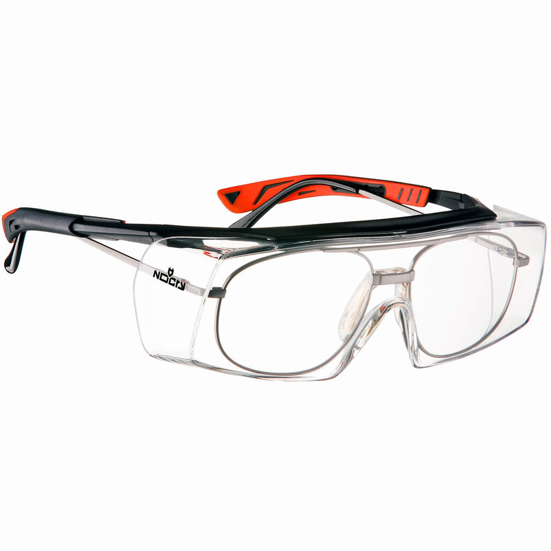 NoCry Safety Glasses That Fit Over Your Prescription Eyewear. Clear Anti-Scratch Wraparound Lenses, UV400 Protection, ANSI Z87 & OSHA Certified. Use in the Lab, Travelling, Black & Red Frames - LeoForward Australia