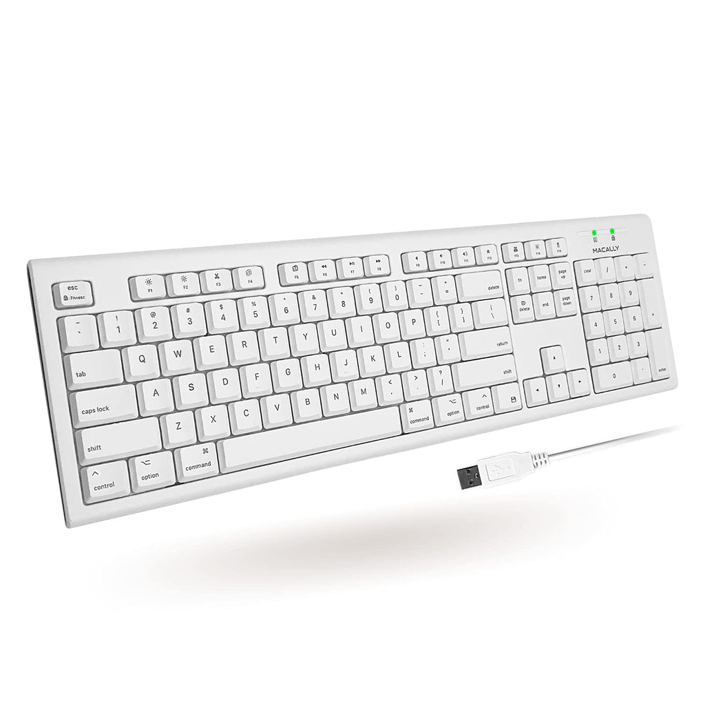 Macally Full-Size USB Wired Keyboard for Mac Mini/Pro, iMac Desktop Computer, MacBook Pro/Air Desktop w/ 16 Compatible Apple Shortcuts, Extended with Number Keypad, Rubber Domed Keycaps - Spill Proof white - LeoForward Australia