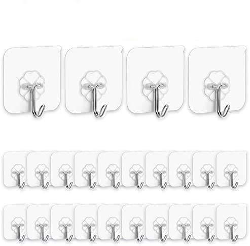  [AUSTRALIA] - Adhesive Hooks Kitchen Wall Hooks- 24 Packs Heavy Duty 13.2lb(Max) Nail Free Sticky Hangers with Stainless Hooks Reusable Utility Towel Bath Ceiling Hooks (Adhesive Hooks) Adhesive hooks