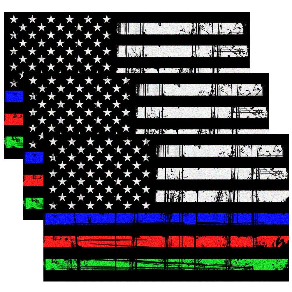  [AUSTRALIA] - CREATRILL Reflective Tattered Thin Blue Red Green Line Decal Matte Black – 3 Packs 3x5 in. American USA Flag Decal Stickers for Cars, Trucks, Hard Hat, Support Police Fire Officers Military Troops 3-mixline