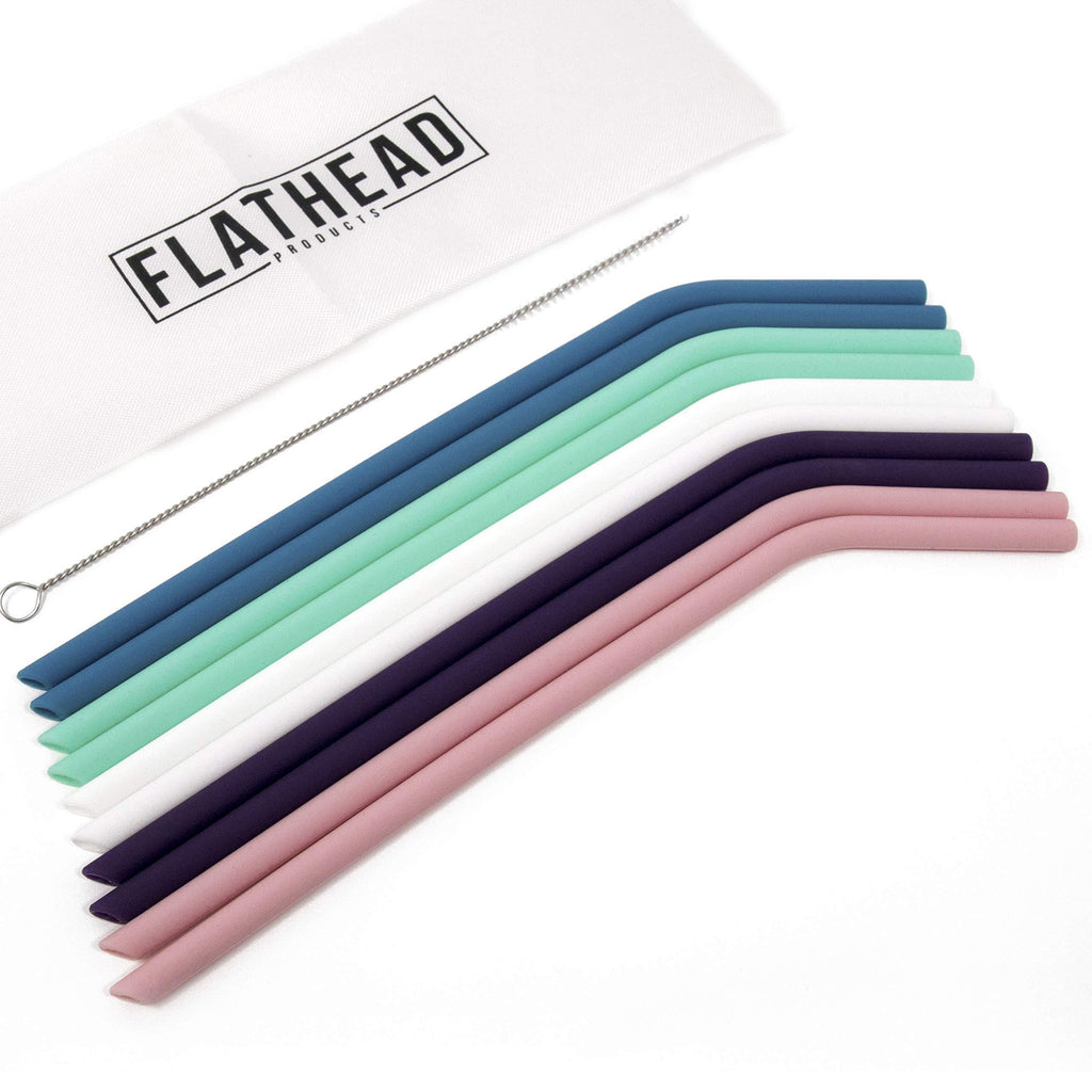  [AUSTRALIA] - Flathead Bent Reusable Silicone Drinking Straws w/Cleaning Brush - Extra long for 30oz and 20oz tumblers and BPA Free (Set of 10) Set of 10
