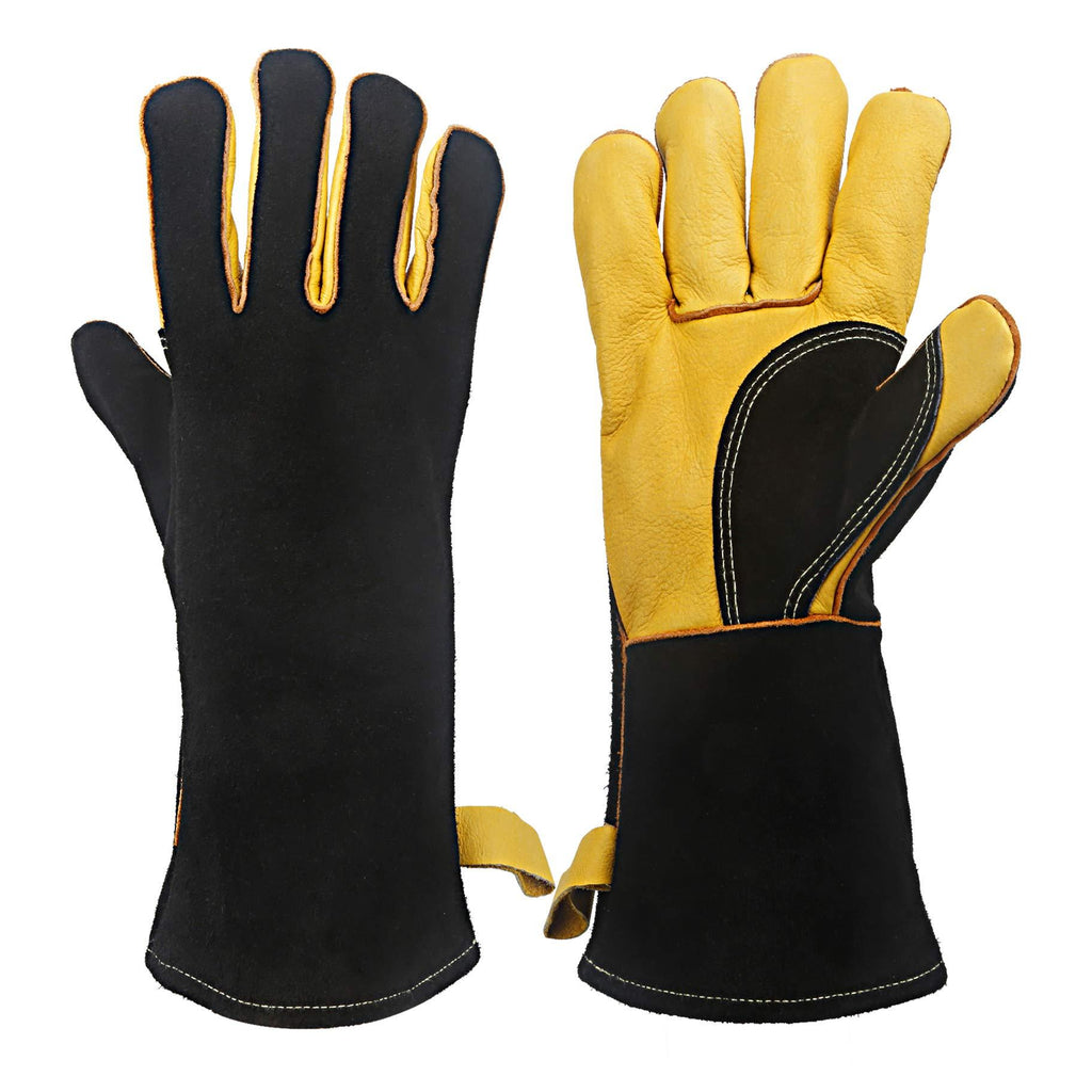  [AUSTRALIA] - KIM YUAN Extreme Heat/Fire Resistant Gloves Leather with Kevlar Stitching, Mitts Perfect for Welding/Oven/Grill/BBQ/Mig/Fireplace/Stove/Pot Holder/Tig Welder/Animal Handling, (14in-black) 14in-black