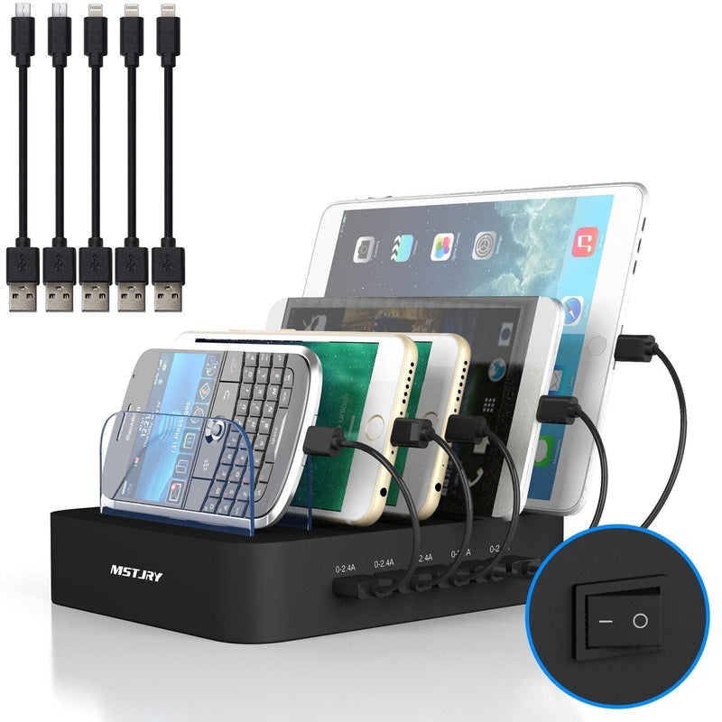 Charging Station for Multiple Devices, MSTJRY USB Charging Station Dock Switch Cell Phone 5 Port Charging Station, Compatible with iPhone iPad Cell Phone Tablets (Black, 5 Short Cables Included) Black - LeoForward Australia