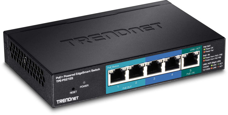  [AUSTRALIA] - TRENDnet 5-Port Gigabit PoE+ Powered EdgeSmart Switch with PoE Pass Through, 18W PoE Budget, 10Gbps Switching Capacity, Managed Switch, Wall-Mountable, Lifetime Protection, Black, TPE-P521ES