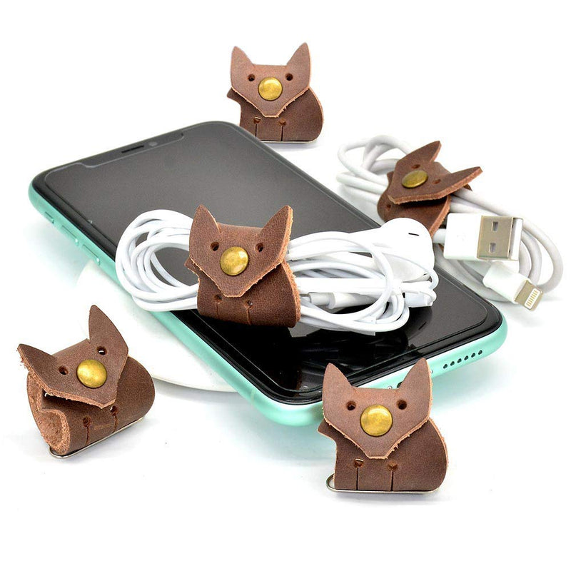  [AUSTRALIA] - CAILLU Cord Organizer Headset Headphone Earphone Wrap Winder,Power Cord Manager,Cable Ties,Cable Winder with Genuine Leather Handmade Cord Taco 5-Pack Brown - Fox cord organizer