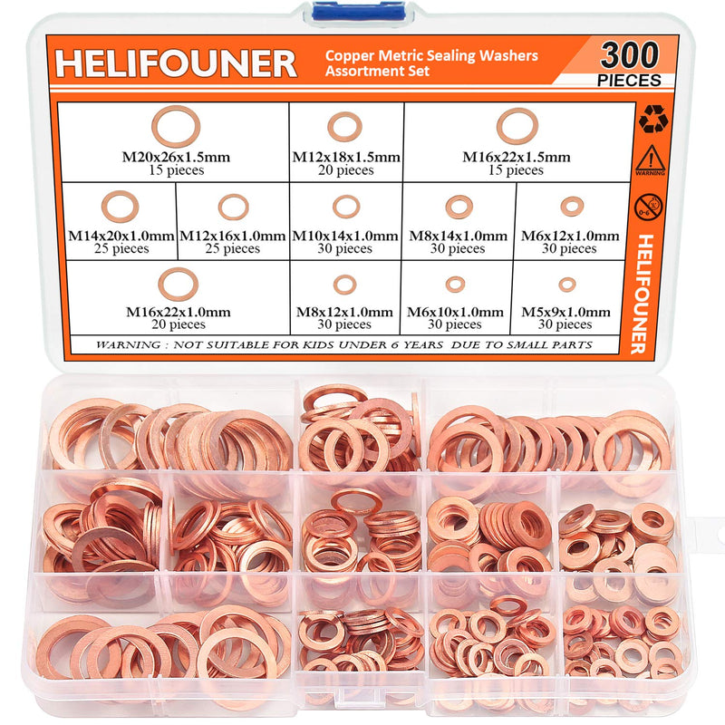  [AUSTRALIA] - Copper Washer Assortment Set, HELIFOUNER 300 Pieces 12 Sizes Copper Metric Sealing Washers Kit Copper Washers Set