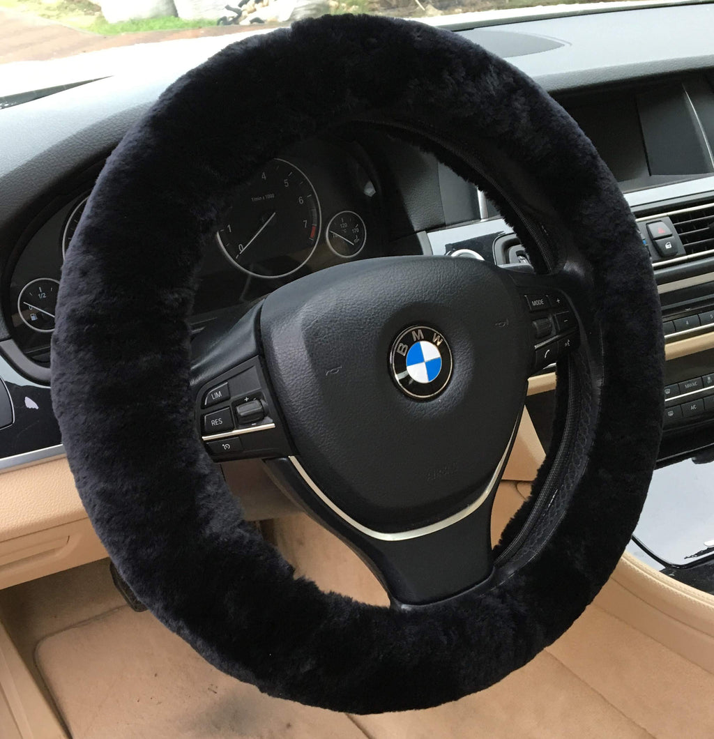  [AUSTRALIA] - ANDALUS Car Steering Wheel Cover, Fluffy Pure Australia Sheepskin Wool, Universal 15 inch (Black) Black