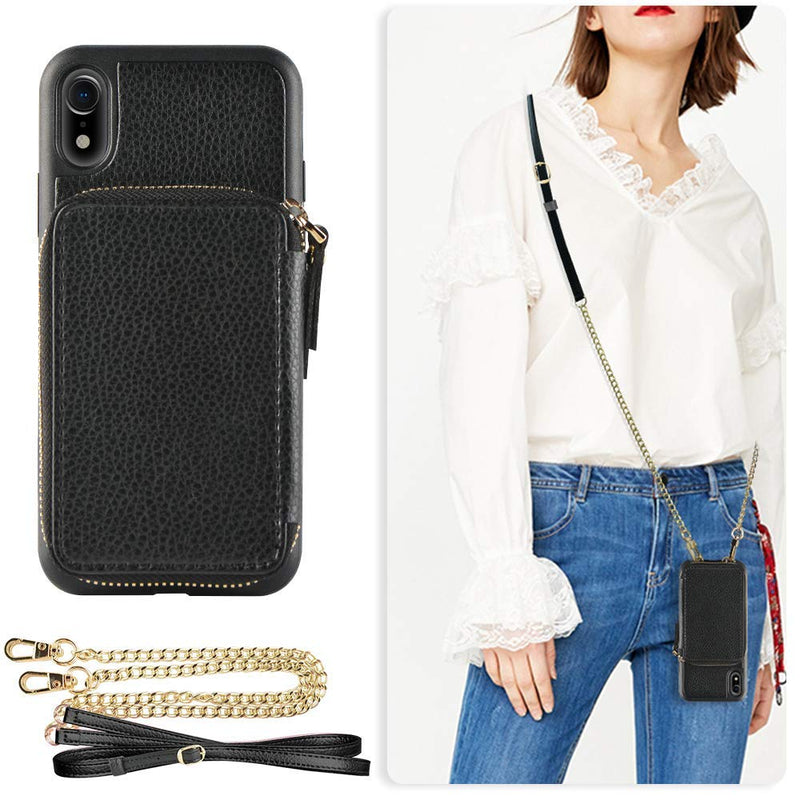  [AUSTRALIA] - ZVE Case for Apple iPhone XR, 6.1 inch, Wallet Case with Crossbody Chain Credit Card Holder Slot Handbag Purse Wrist Zipper Strap Case Cover for Apple iPhone XR 6.1 inch - Black