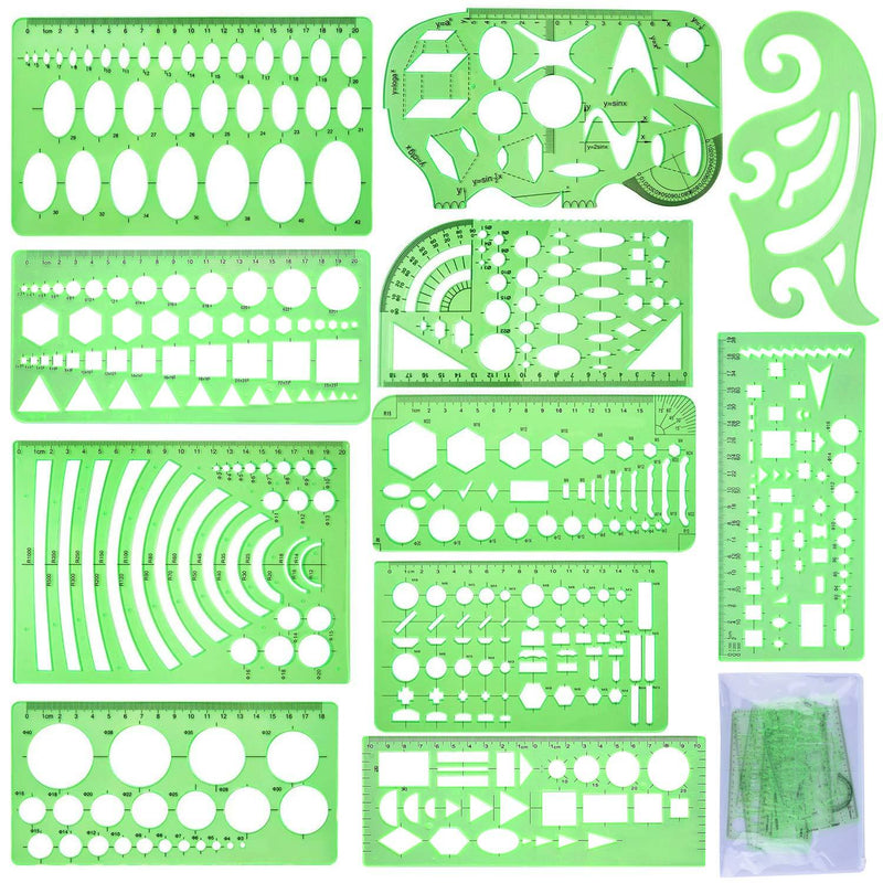 SIQUK 11 Pieces Geometric Drawings Templates Plastic Clear Green Plastic Rulers with 1 Pack Poly Zipper Envelopes for Studying, Designing and Building - LeoForward Australia
