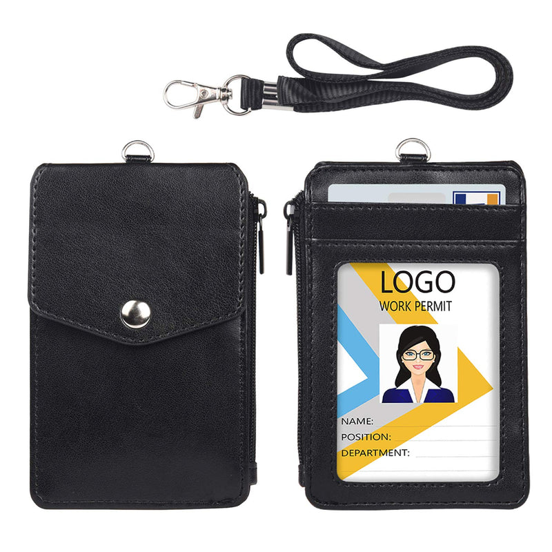  [AUSTRALIA] - Teskyer Leather Badge Holder with Zipper Pocket,1 Clear ID Window and 3 Card Slots with Secure Cover, Premium Leather ID Holder with Nylon Lanyard for Office School ID, Credit Cards, Driver Licence Black