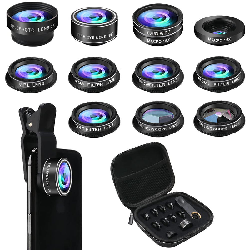  [AUSTRALIA] - Phone Camera Lens Kit, 11 in 1 Cellphone Lens Kit for iPhone and Android, 0.63X Wide Angle+15X Macro+ 198°Fisheye+Telephoto+CPL/Flow/Radial/Star/Soft Filter+Kaleidoscope Lens 11 in 1 Lens Kit
