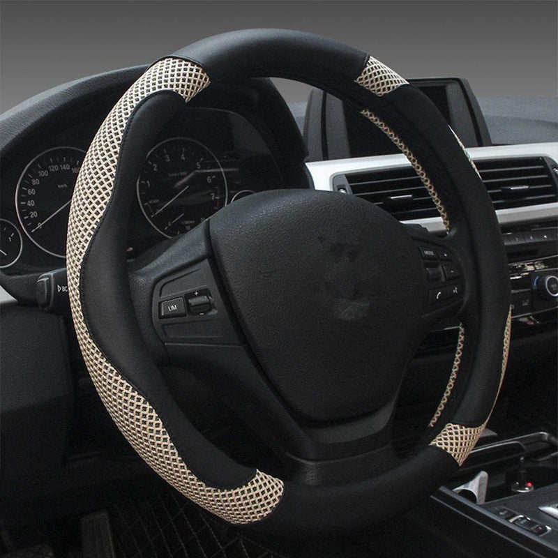  [AUSTRALIA] - Dee-Type Beige & Black Car Steering Wheel Covers Universal 15 Inch White