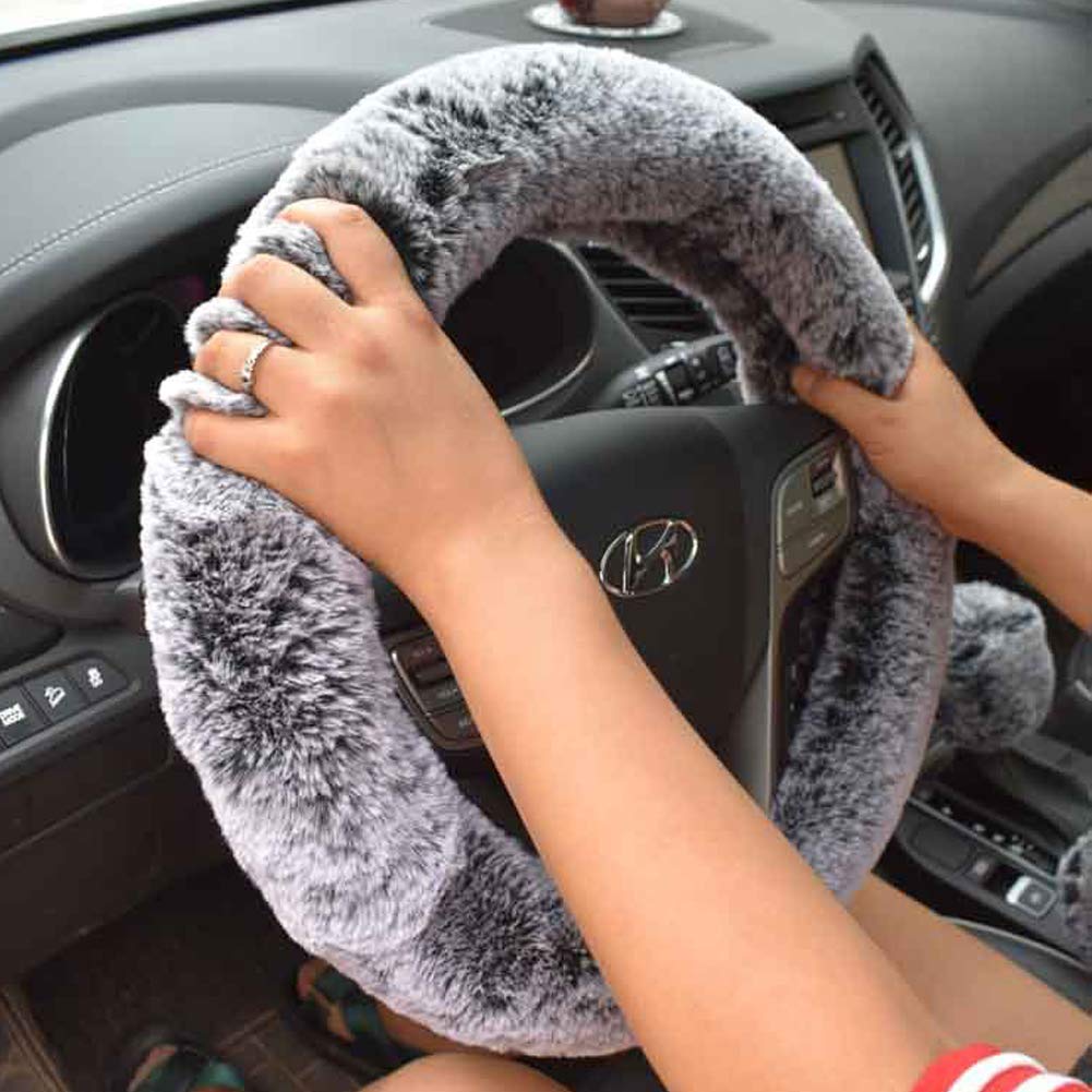  [AUSTRALIA] - EIGIIS Universal Plush 15 Inch Car Steering Wheel Cover with Shift Handbrake Cover for Men Women Soft Anti-Slip Fuzzy Steering Wheel Cushion Protector (Dark Grey) Dark Grey