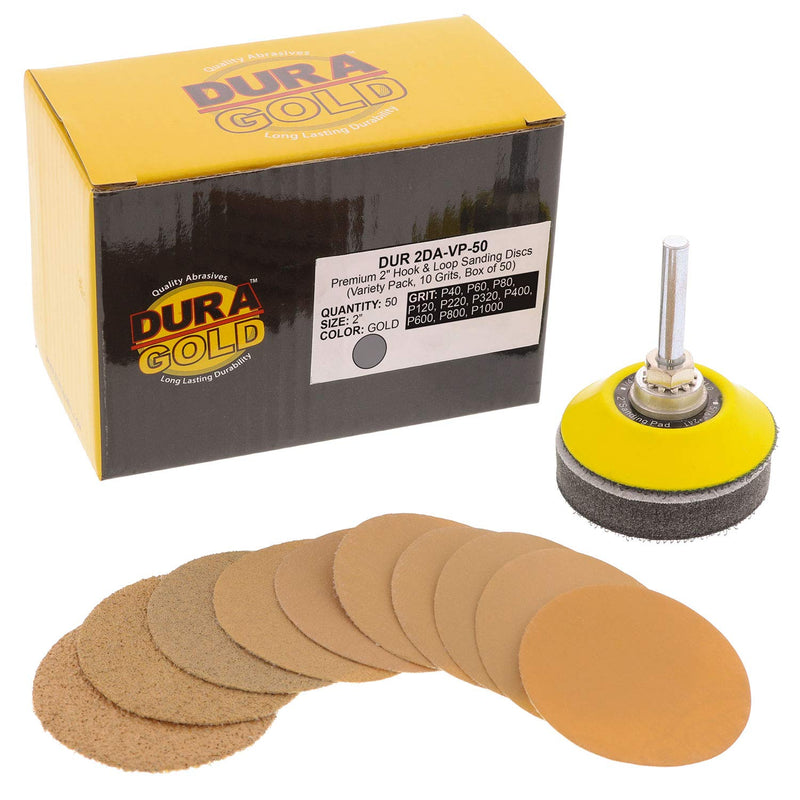  [AUSTRALIA] - Dura-Gold Premium 2" Gold Hook & Loop Sanding Discs Variety Pack Box - 40, 60, 80, 120, 220, 320, 400, 600, 800, 1000 Grit (5 Sheets Each, 50 Total) & Drill Backing Plate, Automotive, Woodworking