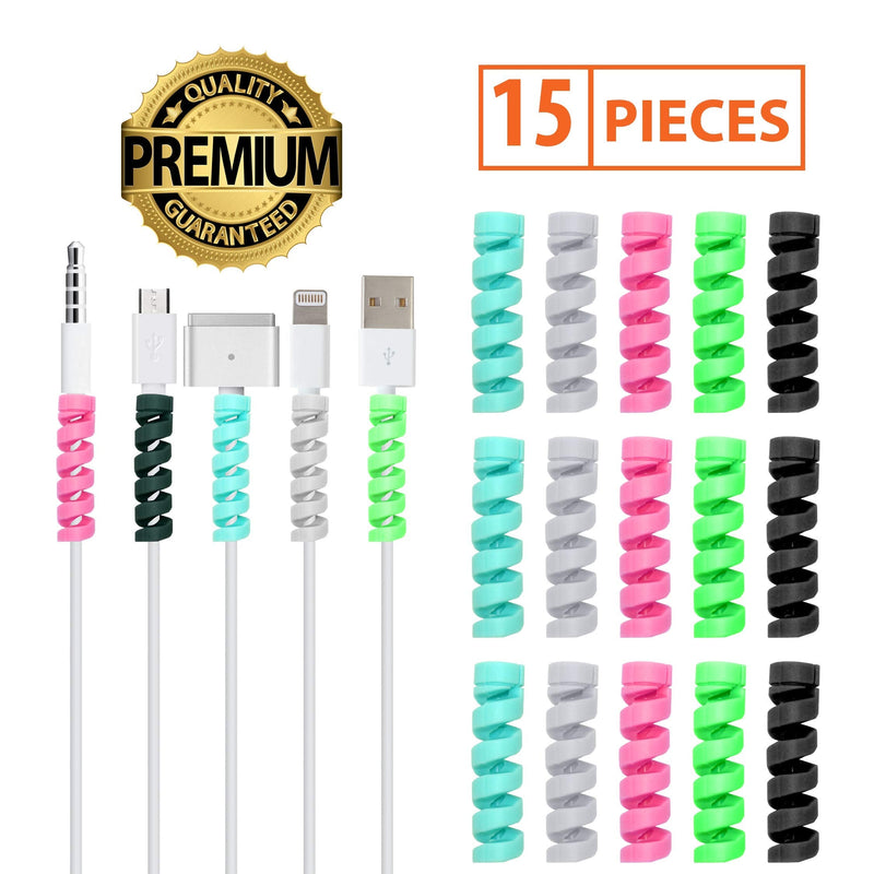  [AUSTRALIA] - 15 Pcs 5 Assorted Colors Flexible Spiral Charging Cable Protector Wire Cord Organizer Tube Accessories Charger Saver for iPhone, MacBook, USB, PC, Cell Phones, Computer, Laptop