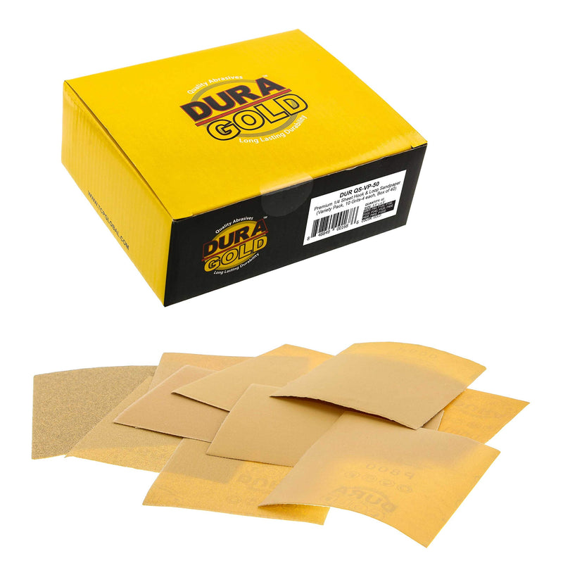  [AUSTRALIA] - Dura-Gold Premium 80, 120, 150, 220, 240, 320, 400, 600, 800, 1000 Grit 1/4 Sheet Size Gold Sandpaper with Hook & Loop Backing, 5.5" x 4.5", 4 Each 40 Total - Wood Woodworking Automotive, Palm Sanders Variety Pack