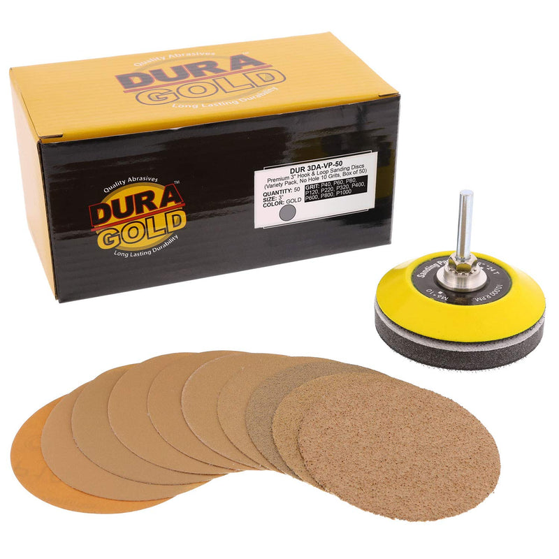  [AUSTRALIA] - Dura-Gold - Premium - Variety Pack (40,60,80,120,220,320,400,600,800,1000) - 3" Gold Hook & Loop Sanding Discs for DA Sanders - Box of 50 Sandpaper Finishing Discs for Automotive and Woodworking
