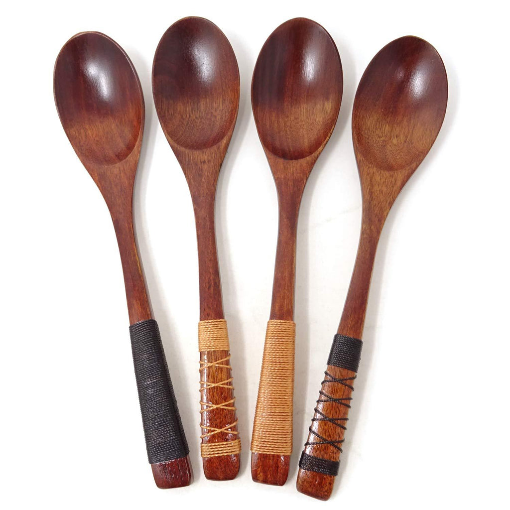  [AUSTRALIA] - Honbay 4PCS Handmade Japanese Style Long Handle Wooden Soup Spoons with Tied Line on Handle for Travel, Picnic, Camping or Just for Daily Use