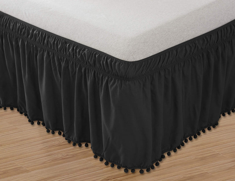  [AUSTRALIA] - Elegant Comfort Luxury Top-Knot Tassle Pompom Fringe Ruffle Bed Skirt -Wrap Around Style- Elastic Bed Wrap- Wrinkle Resistant 16inch Drop, Queen/King, Black