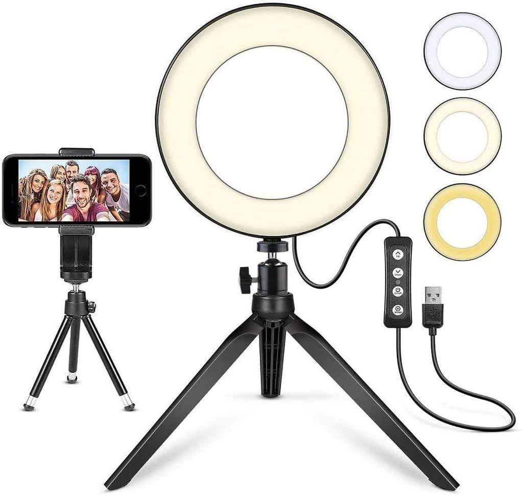  [AUSTRALIA] - LED Ring Light 6" with Tripod Stand for YouTube Video and Makeup, Mini LED Camera Light with Cell Phone Holder Desktop LED Lamp with 3 Light Modes & 11 Brightness Level (6")