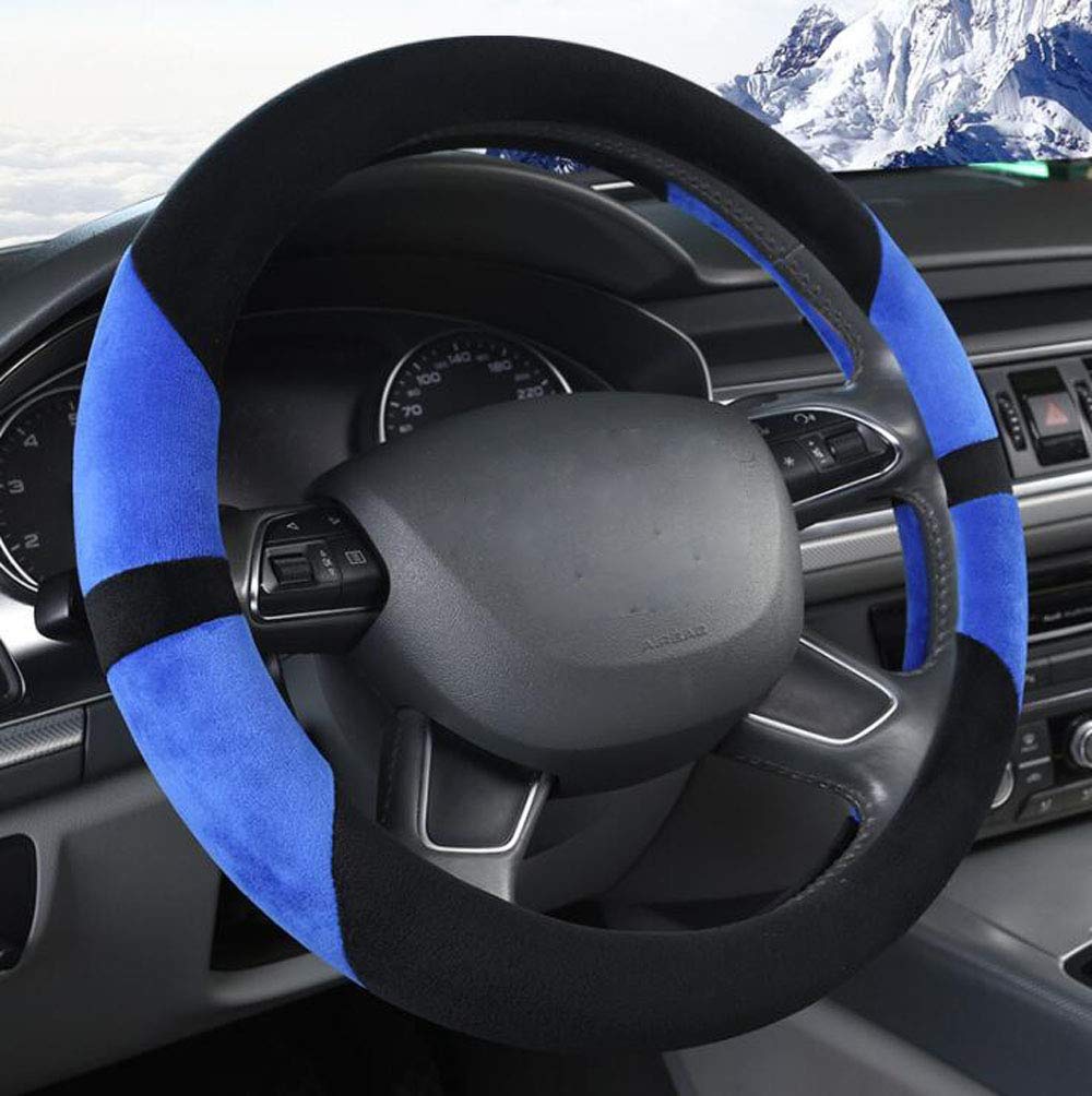  [AUSTRALIA] - Carmen Winter Short Velvet Car Steering Wheel Cover Blue Sport Stitching Comfort Snug Grip Universal 15 Inch Standard Size