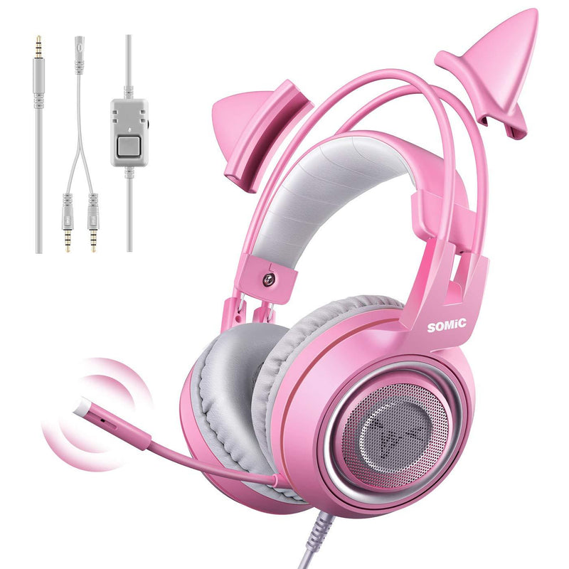 SOMIC G951s Pink Stereo Gaming Headset with Mic for PS4, Xbox One, PC, Mobile Phone, 3.5MM Sound Detachable Cat Ear Headphones Lightweight Self-Adjusting Over Ear Headphones for Women - LeoForward Australia