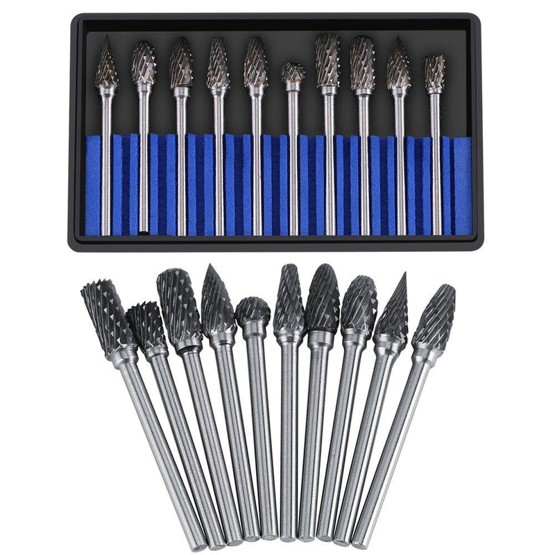 Tungsten Carbide Rotary Burr Set, 10pcs Carbide Steel Rotary Files Burr Set Rotary Drill Die Grinder Rotary Tool for Woodworking Drilling Carving Engraving(Double Cut) - LeoForward Australia