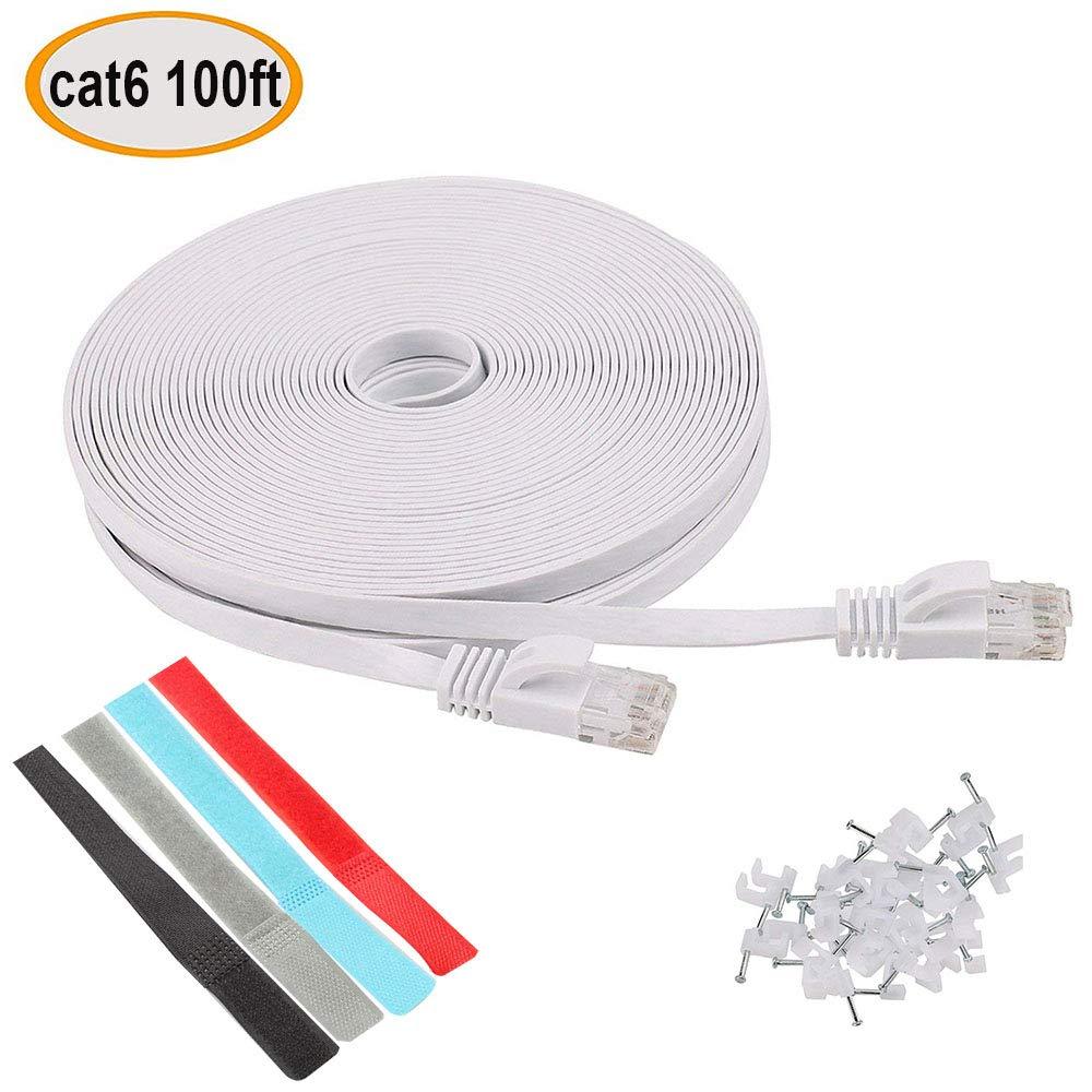 Relper-Lineso Cat 6 Ethernet Cable 100ft White - Flat Internet Network LAN Patch Cords – Solid Cat6 High Speed Computer Wire with Clips& Cable Ties Rj45 Connectors - 100 feet (100FT White) - LeoForward Australia