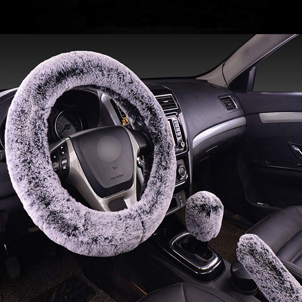  [AUSTRALIA] - SHIAWASENA Warm Faux Wool Steering Wheel Cover with Handbrake Cover & Gear Shift Cover 3 Pcs Set (Black&Gray) Black&Gray